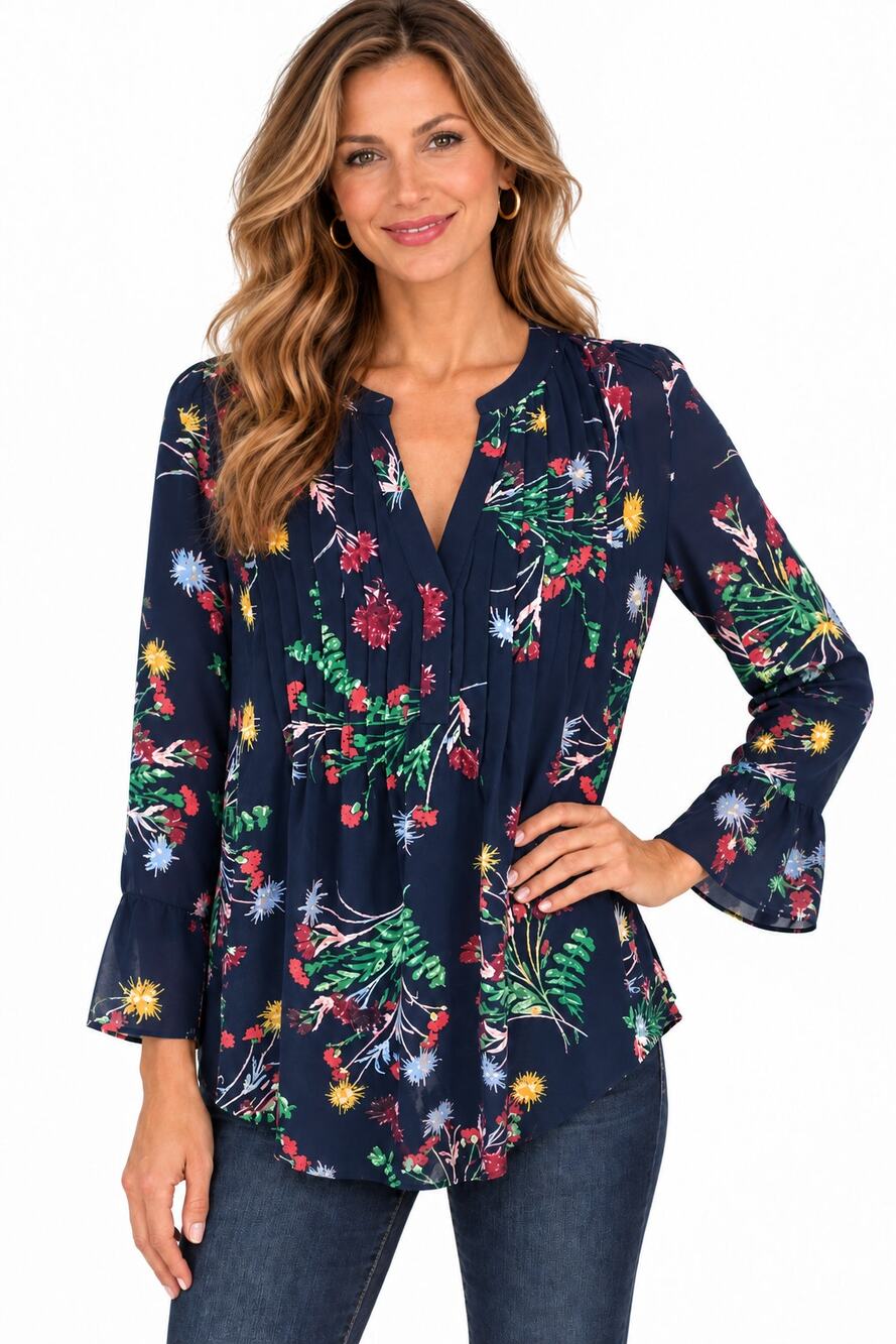 Style & Co Floral Pintuck Top Womens Large Navy Bell Sleeve Flowy Blouse